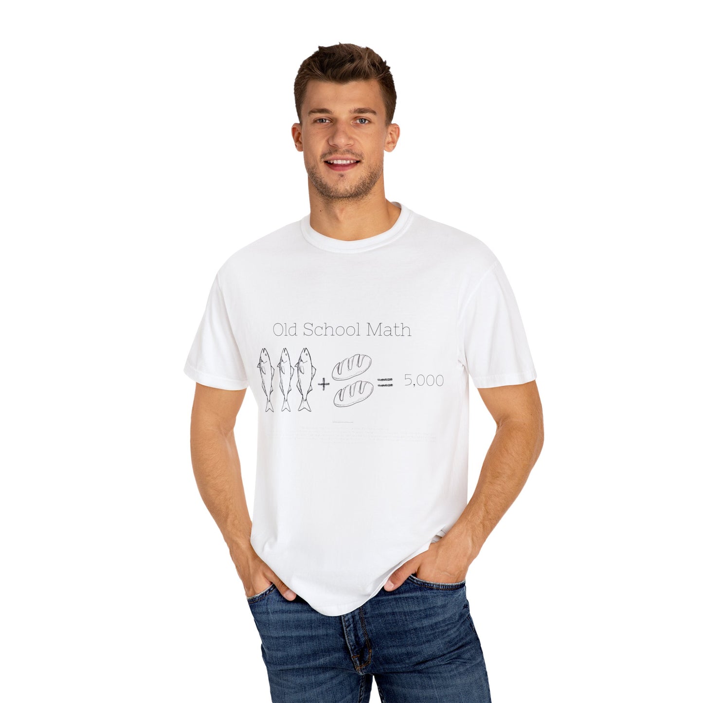 Religious T-Shirt with 3 Fish and 2 Loaves Feeding 5000