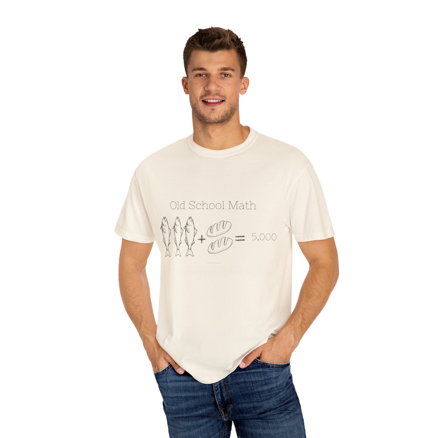 Religious T-Shirt with 3 Fish and 2 Loaves Feeding 5000