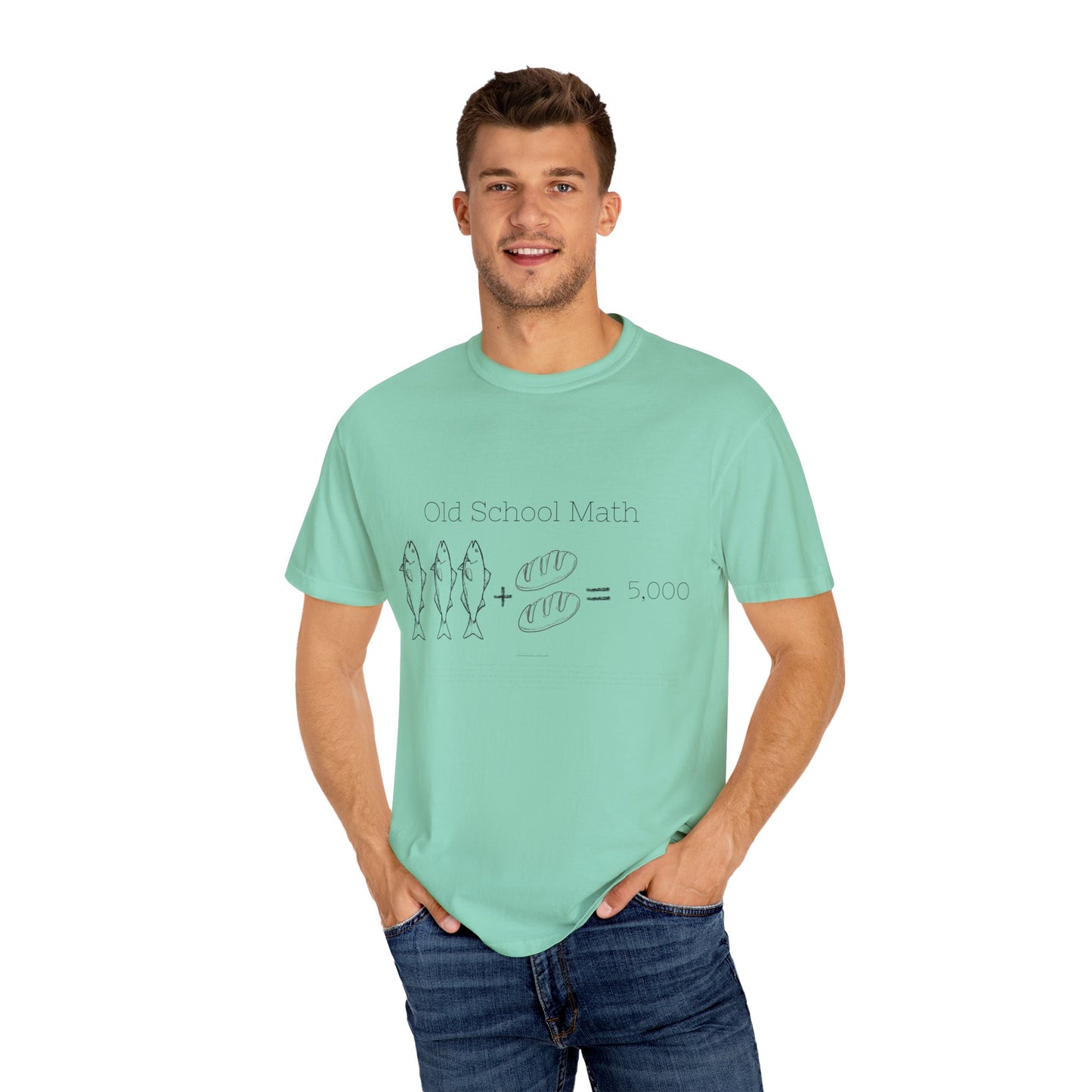 Religious T-Shirt with 3 Fish and 2 Loaves Feeding 5000