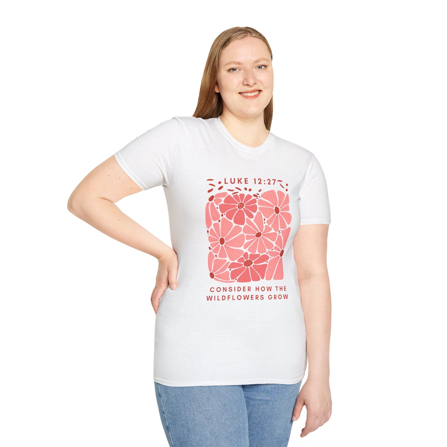 Wildflowers Unisex Softstyle T-Shirt with Luke 12:27 Quote